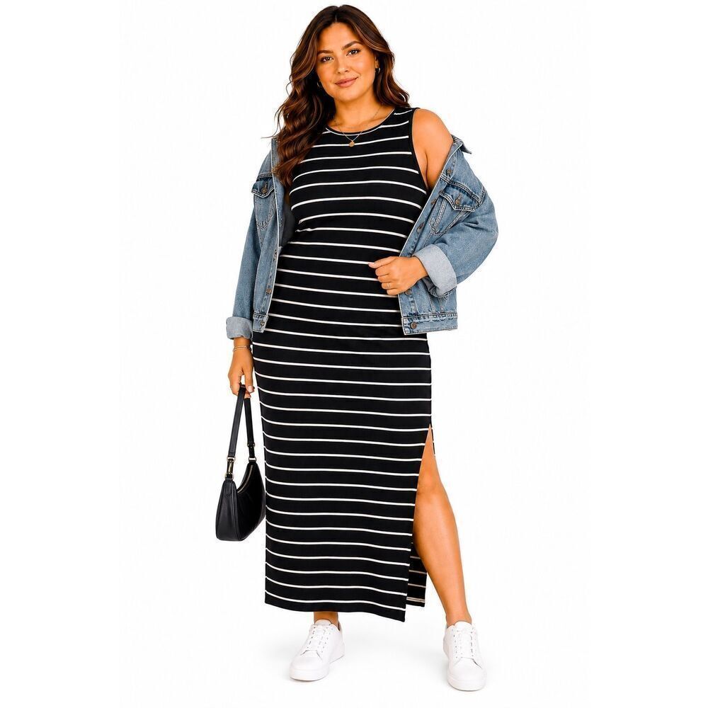 SHEIN Curve Black White Striped Ribbed Bodycon Maxi Dress Women’s 2XL Slit